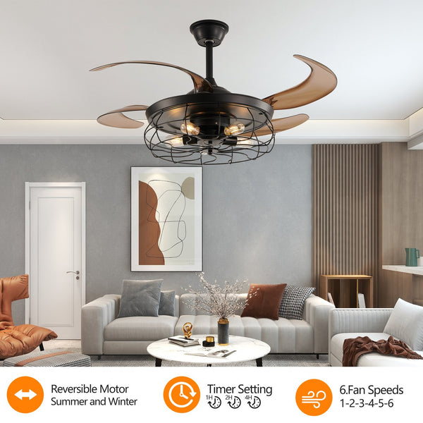 English Elm 48" Industrial Black Ceiling Fan Light with 4-Blade Cage, Remote, Silent DC Motor, Reversible Speed W2312P374994