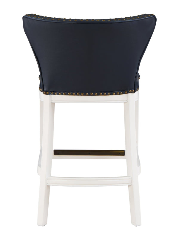 English Elm Macon Midnight Blue Faux Leather Counter Stool with Tufted Back, Antique Brass Nailhead Trim, White Wood Base B050P364431