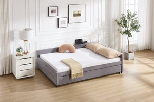English Elm Upholstered Velvet Daybed with Pull Out Trundle Diamond Tufted Guest Bedroom Sofa Grey W1361S00067