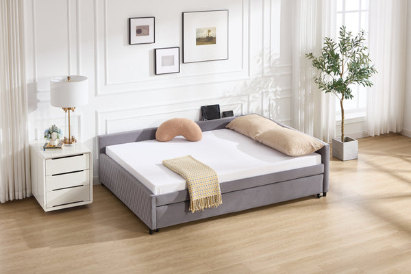 English Elm Upholstered Velvet Daybed with Pull Out Trundle Diamond Tufted Guest Bedroom Sofa Grey W1361S00067