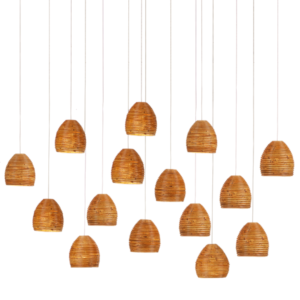 Beehive 15-Light Multi-Drop Pendant - Elegant Rattan Shades and Silver Canopy for Modern Spaces