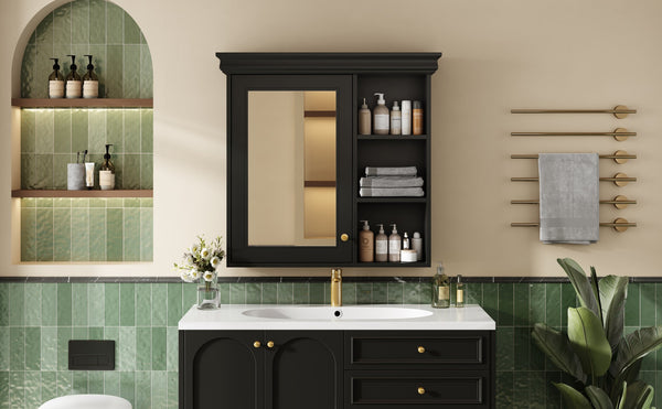 English Elm 30'' Wall-Mounted Medicine Cabinet with Mirror and Adjustable Shelves, Modern MDF Storage Organizer Black N710P209425B