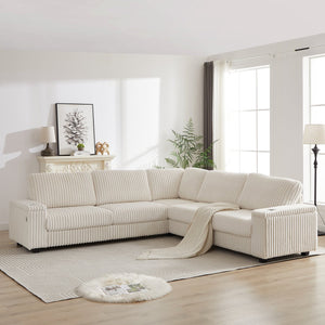 English Elm 110-Inch Oversized Corduroy Corner Sofa with Storage, USB & Cup Holders, Deep Plush Seating Comfort Beige W834S00284