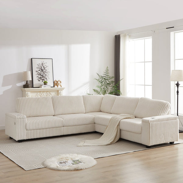 English Elm 110-Inch Oversized Corduroy Corner Sofa with Storage, USB & Cup Holders, Deep Plush Seating Comfort Beige W834S00284