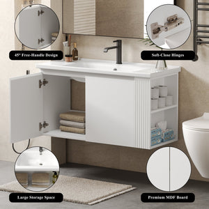 English Elm Christopher Knight Home® - 36" Modern Wall-Mounted Bathroom Vanity with Ceramic Sink, Soft-Close Doors, Fluted Accent & Open Shelves White N817P245322W