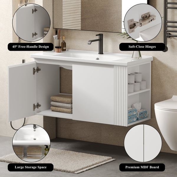 English Elm Christopher Knight Home® - 36" Modern Wall-Mounted Bathroom Vanity with Ceramic Sink, Soft-Close Doors, Fluted Accent & Open Shelves White N817P245322W