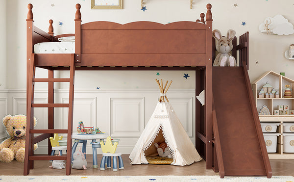 English Elm Twin Loft Bed Solid Pine Frame with Wardrobe Shelving Detachable Slide Kids Room Antique Natural W5305S00020