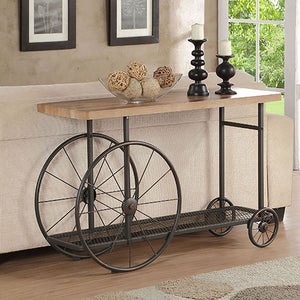 English Elm Oak Industrial Sofa Table with Antique Gray Shelf, Wood Top, Metal Frame & Wheels for Stylish Storage B062P189205