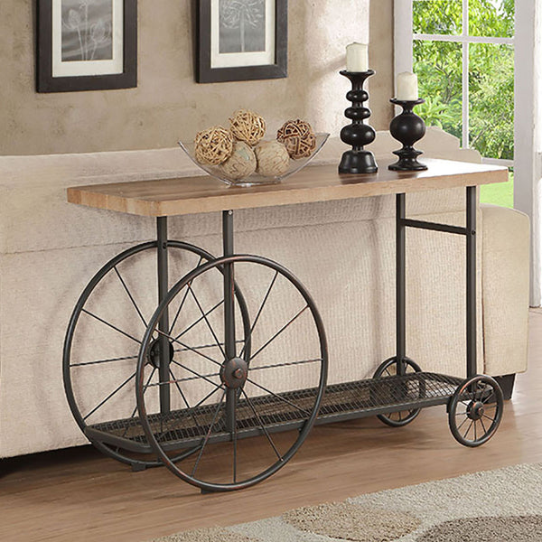English Elm Oak Industrial Sofa Table with Antique Gray Shelf, Wood Top, Metal Frame & Wheels for Stylish Storage B062P189205