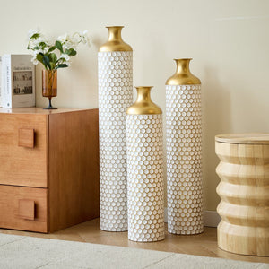 English Elm Floor Elegant 3-Piece Metal Vase Set - Modern Droplet Style In White And Gold For Stunning Decor W2796P290480