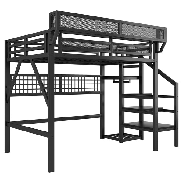 English Elm Full Metal Loft Bed with Stairs Wardrobe Rgb Lighting and Storage for Teens W2580S00066