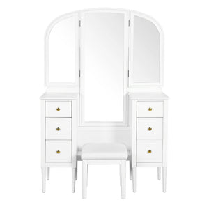 English Elm Antique Glam Vanity Desk with Triple Mirror, Stool & 6 Drawers, Full‑Length Mirror, White Elegance N844P285297A
