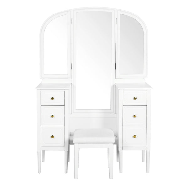 English Elm Antique Glam Vanity Desk with Triple Mirror, Stool & 6 Drawers, Full‑Length Mirror, White Elegance N844P285297A