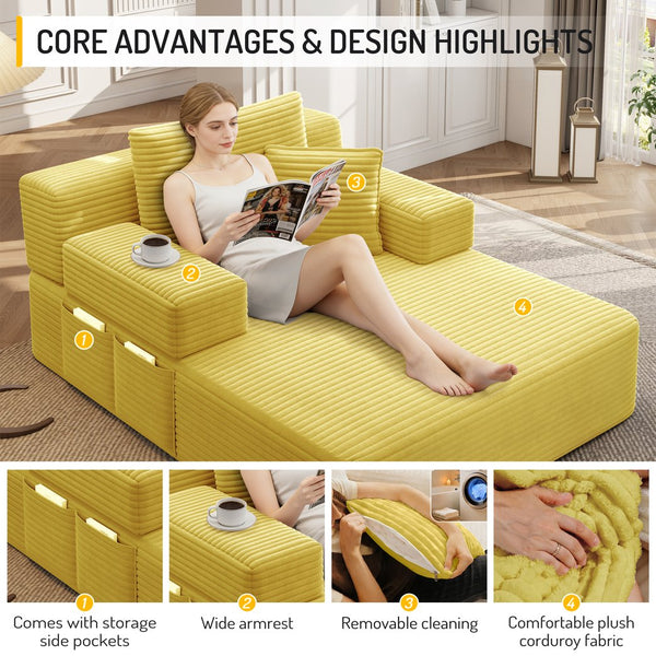 English Elm Luxurious Corduroy Frameless Chaise Sofa Bed with Spring Cushion and Storage Pocket Yellow W3219P496262