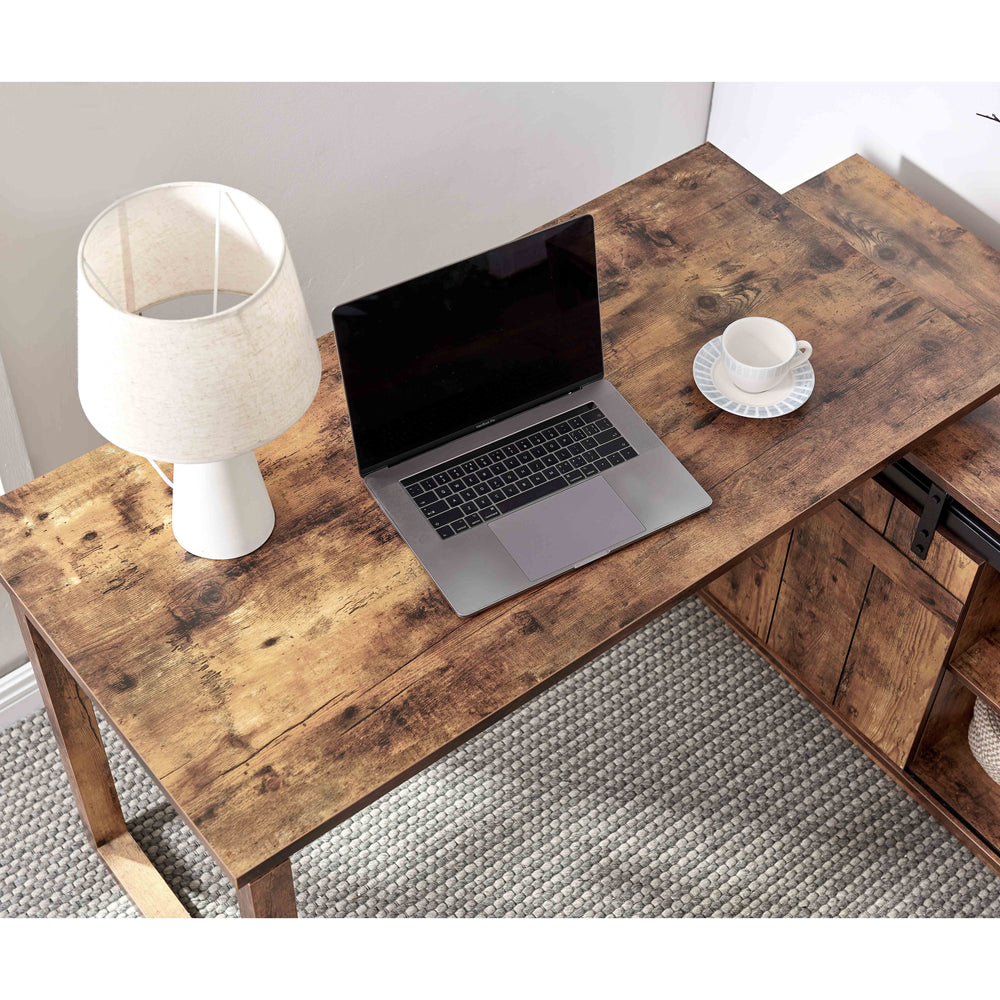 English Elm Desk L-Shaped Workstation With Storage Credenza & Sliding Barn Door - Rustic Charm For Home Office B107S00004