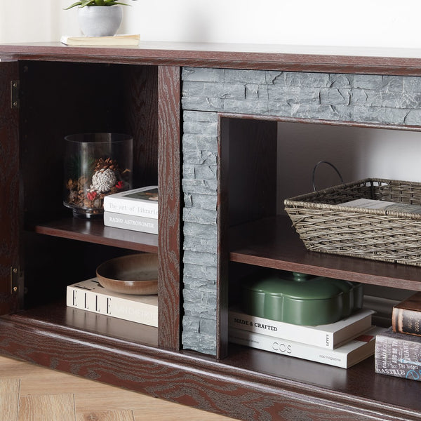 English Elm 70" Modern TV Stand with Faux Stone Top, Spacious 2-Door Media Console with Cable Management and Adjustable Shelves, Vintage Metal Handles, Durable MDF Construction for Living Room Entertainment (Fits up to 75") Cherry W2275P342689