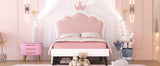 English Elm Twin Size Upholstered Princess Bed With Crown Headboard and 2 Drawers,Twin Size Platform Bed With Headboard and Footboard, Pink+White