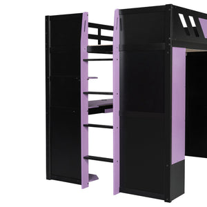 English Elm Full Size Loft Bed with Desk Blackout Curtains Rgb Lighting and Integrated Storage Purple+Black LT000377AAI