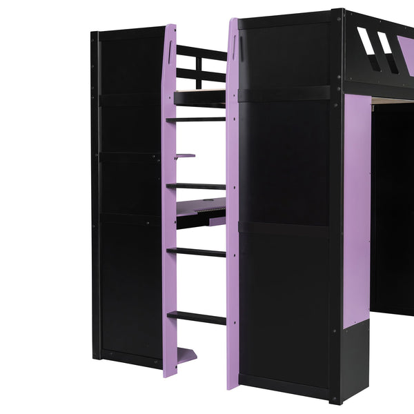 English Elm Full Size Loft Bed with Desk Blackout Curtains Rgb Lighting and Integrated Storage Purple+Black LT000377AAI