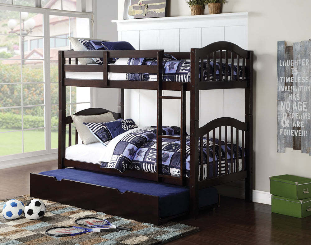 English Elm Espresso Twin Over Twin Convertible Bunk Bed with Right Ladder, Guard Rail, Sturdy Slat System B062S00497