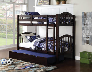 English Elm Espresso Twin Over Twin Convertible Bunk Bed with Right Ladder, Guard Rail, Sturdy Slat System B062S00497