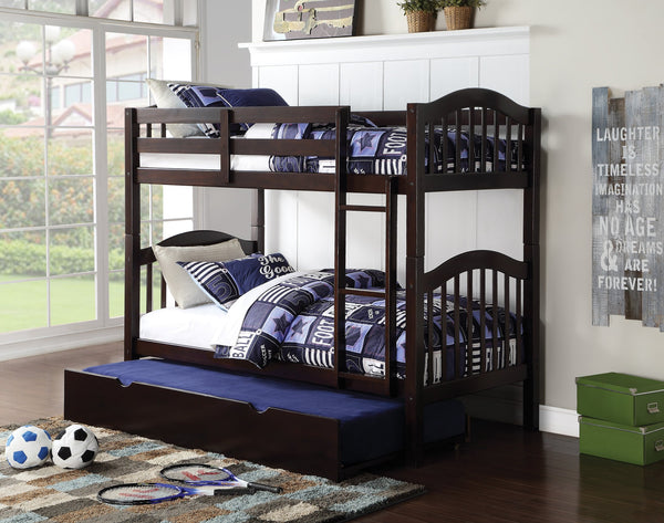 English Elm Espresso Twin Over Twin Convertible Bunk Bed with Right Ladder, Guard Rail, Sturdy Slat System B062S00497