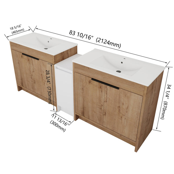 English Elm 84 Inch Freestanding Bathroom Vanity with Integrated Resin Sink, Soft-Close Doors, Shelves & Extra Storage Space Glossy White,Imitative Oak W999S00325