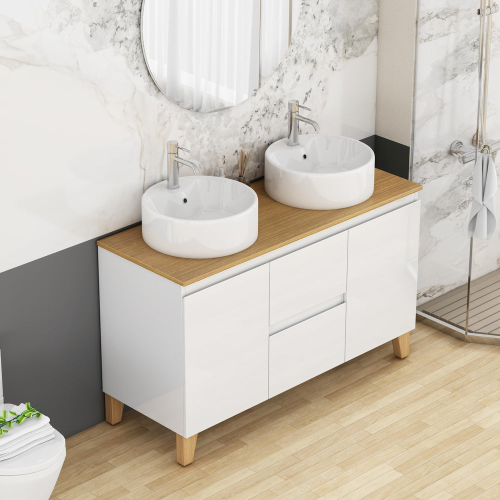 English Elm 47-inch Double Basin Bathroom Vanity Solid Wood Top Glossy White Soft Close W3151S00073