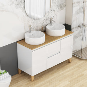 English Elm 47-inch Double Basin Bathroom Vanity Solid Wood Top Glossy White Soft Close W3151S00073