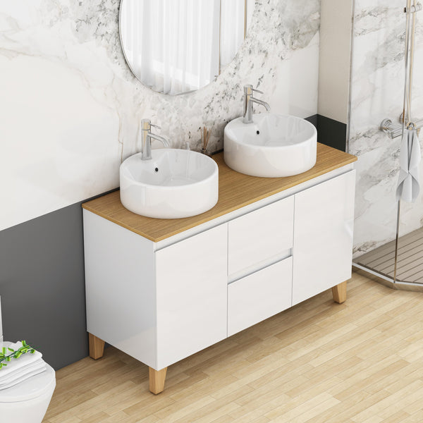 English Elm 47-inch Double Basin Bathroom Vanity Solid Wood Top Glossy White Soft Close W3151S00073