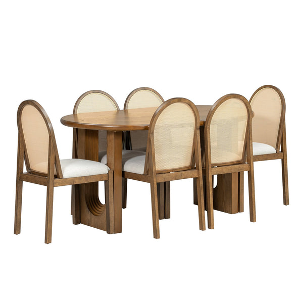 English Elm Trexm Farmhouse Oval Dining Set Seats Six with Rattan Back Chairs Oak Veneer Table Beige,Light Brown ST000157AAP
