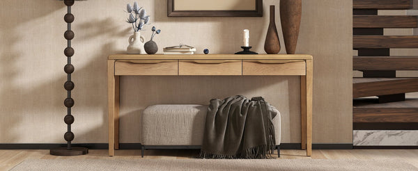 English Elm U_style Oak Veneer Console Table with Three Wave Drawers for Entryway or Foyer Natural N711P401926N