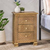 Christopher Knight Home® - Noble House - Upson Handcrafted Boho 3 Drawer Nightstand, Gold