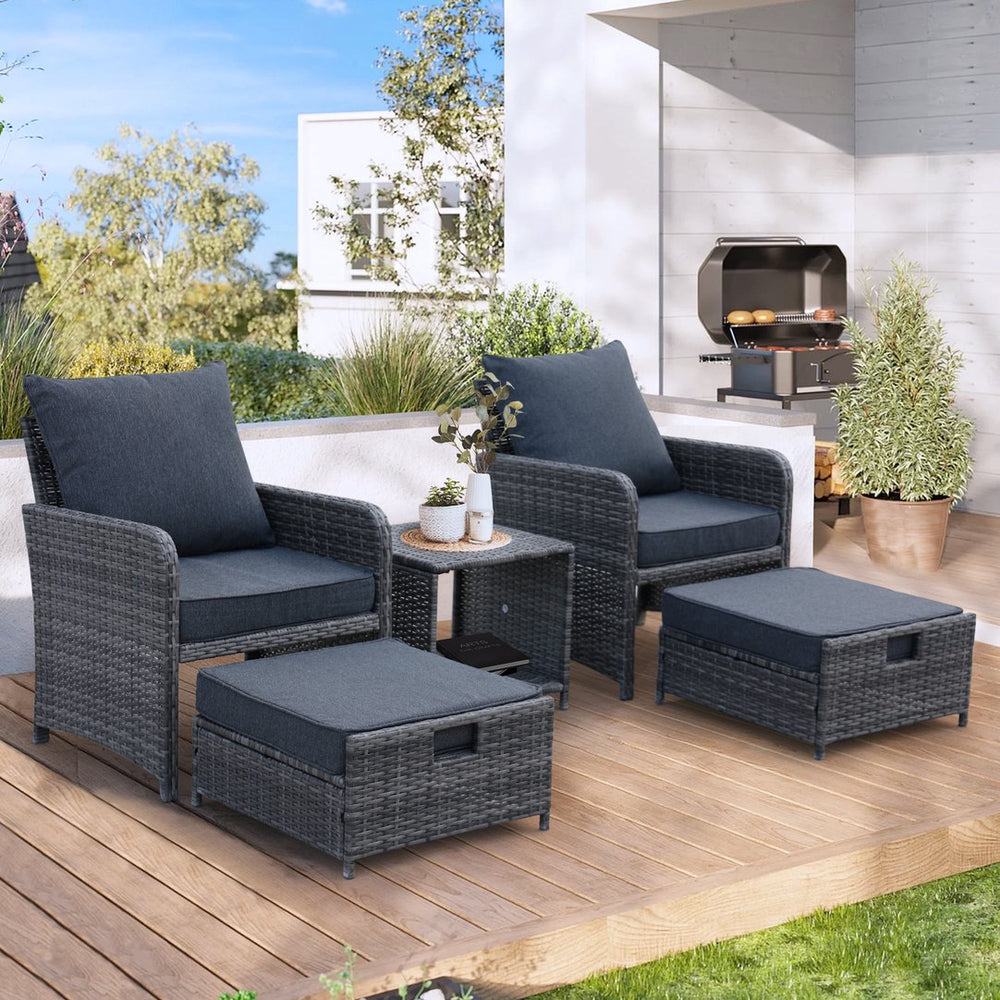 English Elm 5 Pieces Wicker Patio Furniture Set Grey PE Rattan 2 Chairs 2 Ottomans + Table Waterproof Cushions W813P283082