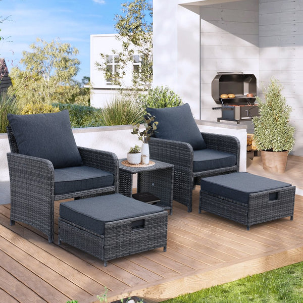 English Elm 5 Pieces Wicker Patio Furniture Set Grey PE Rattan 2 Chairs 2 Ottomans + Table Waterproof Cushions W813P283082