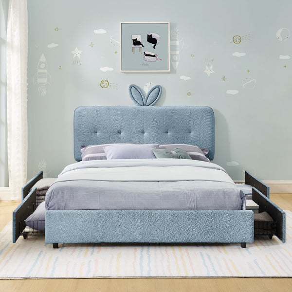 English Elm Full Size Kids Storage Bed Boucle Upholstered Rabbit Ear Headboard with Led Lighting Navy W1413P384925