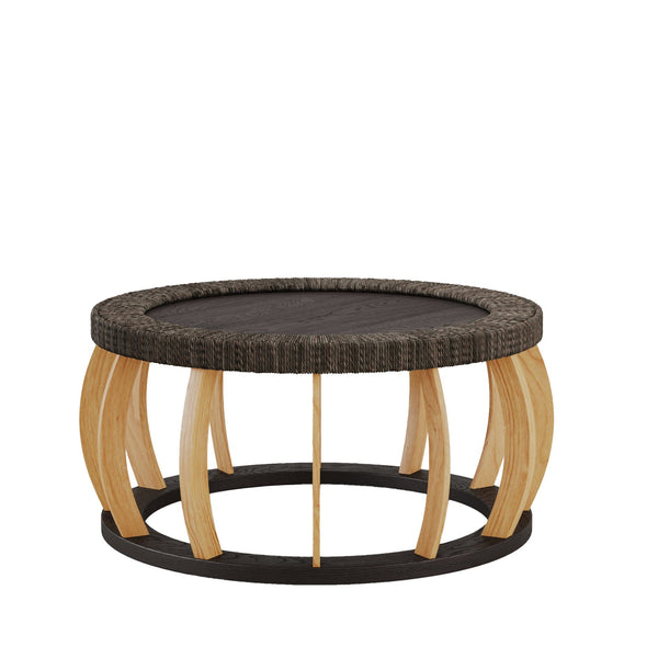 English Elm 35.43"vintage Woven Rattan Round Coffee Table Curved Wood Legs Boho Living Room W757P445115