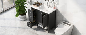 English Elm 36" Freestanding Bathroom Vanity Solid Wood Mdf Cabinet Ceramic Undermount Sink Open Shelf Black N725P364203B