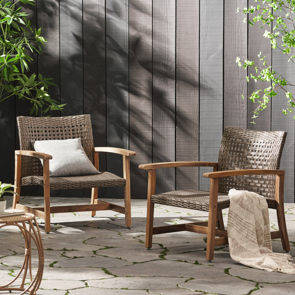 English Elm Christopher Knight Home® - HAMPTON Wood & Wicker Club Chair Set of 2 — Natural Acacia Frame, Mixed Mocha Poly Wicker, Handcrafted Elegance 60397.00WTCMCA