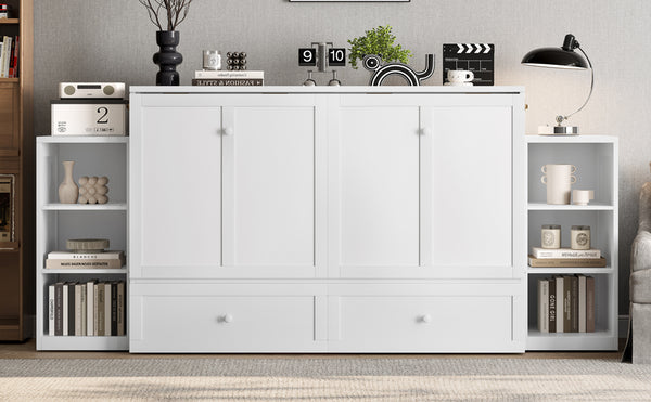 English Elm Queen Murphy Wall Bed with Open Shelves and Drawers for Guest or Office Rooms White W5316S00007