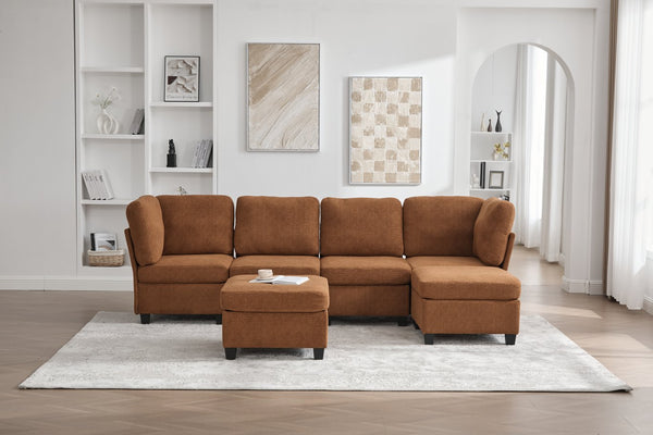 English Elm UNITED Modular 6-Seat Sectional Sofa with Removable Ottoman, Storage Compartments, Convertible Comfort Orange W1568S00246