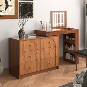 English Elm Vanity LED Mirror Desk with Flip-Top Dual Function, 7 Drawers & Multiple Shelves for Organized Glam Walnut 47.24 L x 19.69 W x 6.5 H N733S363650H