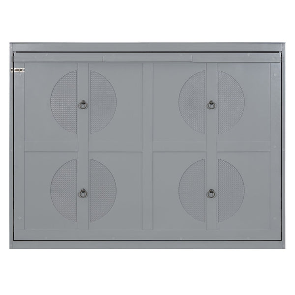 English Elm Full Size Murphy Wall Bed with Rattan Panel Cabinet for Studio and Guest Rooms Gray N708S00011E-2