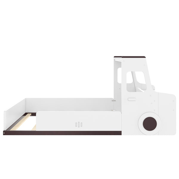 English Elm Full Size Car Shaped Kids Platform Bed with Storage Drawers Integrated Desk Pine Wood Light White W1580S00490