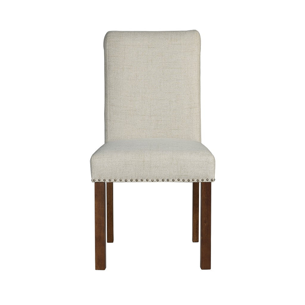English Elm Upholstered Beige Dining Chairs Set of 2 with Silver Nailhead Trim, Rollback Design & Walnut Legs B035P265991