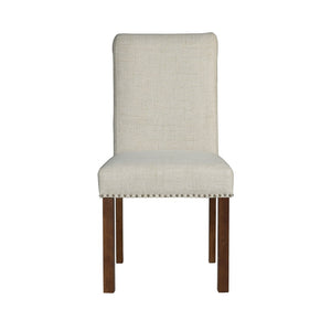 English Elm Upholstered Beige Dining Chairs Set of 2 with Silver Nailhead Trim, Rollback Design & Walnut Legs B035P265991