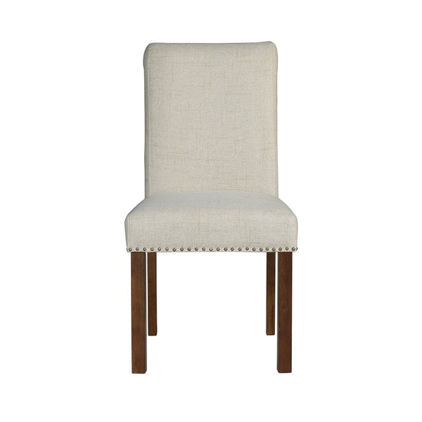 English Elm Upholstered Beige Dining Chairs Set of 2 with Silver Nailhead Trim, Rollback Design & Walnut Legs B035P265991