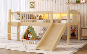 English Elm Twin Low Loft Bed Solid Pine Frame with Built-in Led Lighting and Storage Shelves Natural W1580P395930