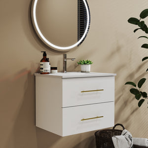 English Elm 24-Inch Wall-Mounted Vanity With Ceramic Sink, Dual Drawers, Gold Handles, Space-Saving Design W3151S00038
