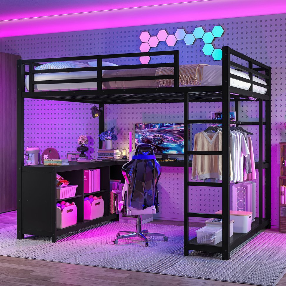 English Elm Metal Twin Xl Loft Bed with L Shaped Desk Wardrobe and Storage for Teens W1580S00417